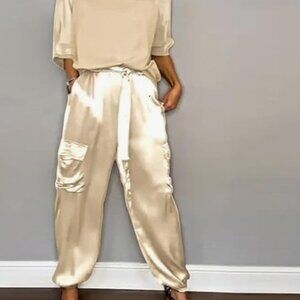 NYC Satin Cargo Jumpsuit in Champagne